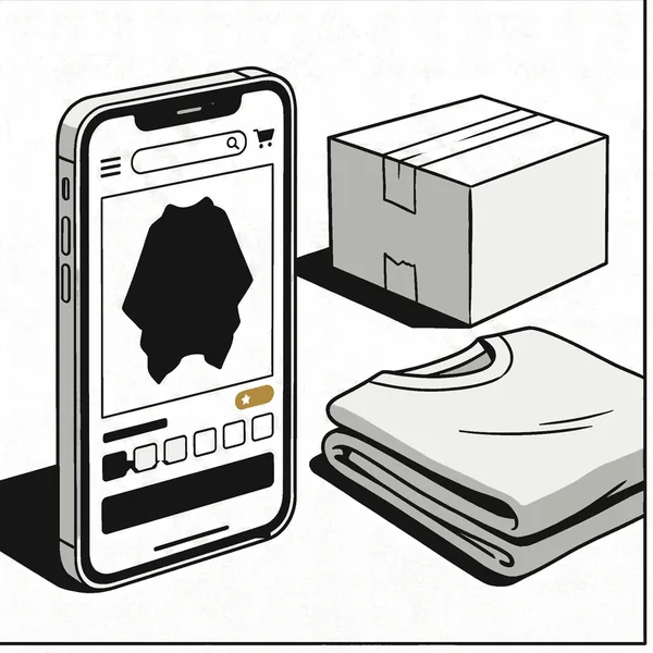 Un telefono con la pagina prodotto di un negozio di moda, una scatola da spedizione e un capo piegato