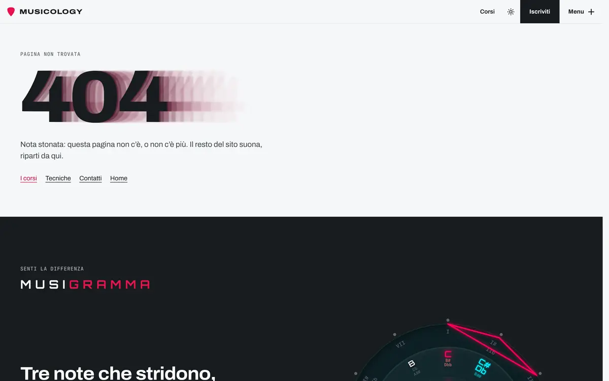 La pagina 404, Nota stonata, con i link ai corsi e alle tecniche.