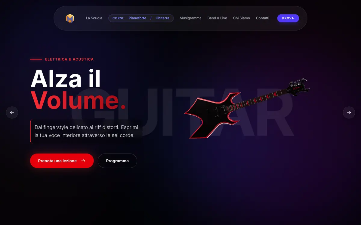 Il corso di chitarra: il titolo Alza il Volume e una chitarra elettrica in 3D.