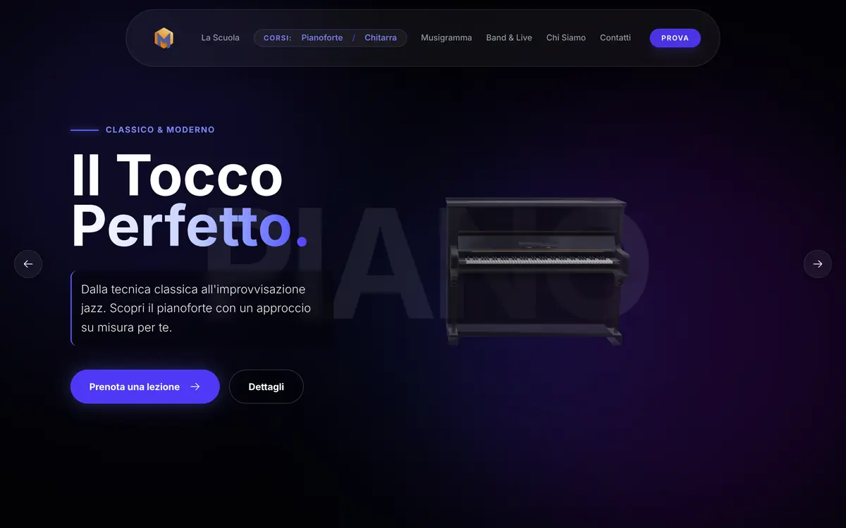 Il corso di pianoforte: il titolo Il Tocco Perfetto e un pianoforte in 3D.